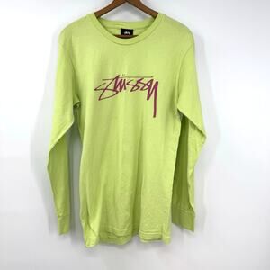 Stussy Y2K Long Sleeve Shirt Mens S Neon Green Large Logo Pink Skate Street Punk